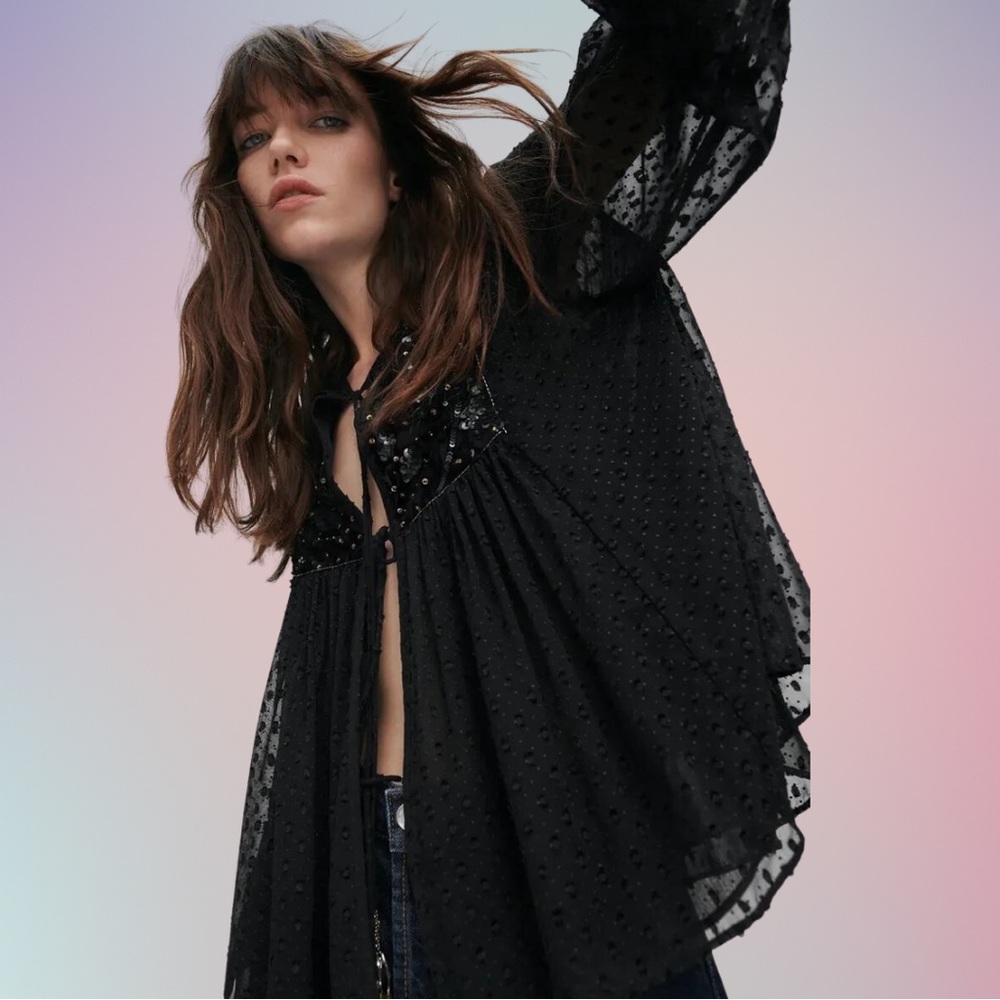 Zara Black Tasseled Plumetis Swiss Dot Jacket with Sequins